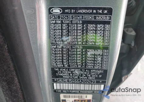 2006 Land Rover Range Rover Hse z USA, uszkodzony, nr VIN SALME15466A202423